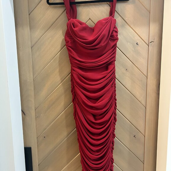 House of CB Carlotta Wine Ruched Draped Chiffon Dress - Picture 5 of 8